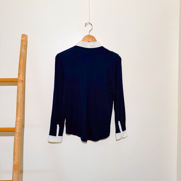 Liz Clairborne Navy Nautical Long Sleeve Button Up Blouse Top Petite Medium - Picture 4 of 7
